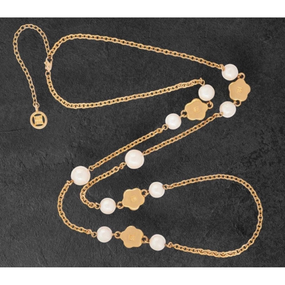 Givenchy Gold Tone Faux Pearl Flower Station Necklace 40 Inch Long Logo Charms - Picture 3 of 13